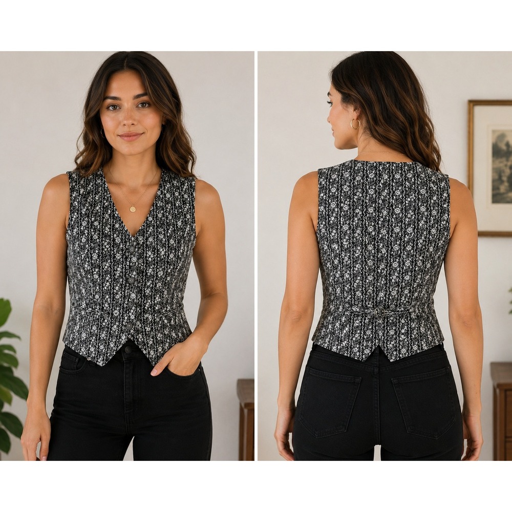 Vintage Button Vest Women S Black Floral Tapestryā Cottagecore Granny 90s Retro
